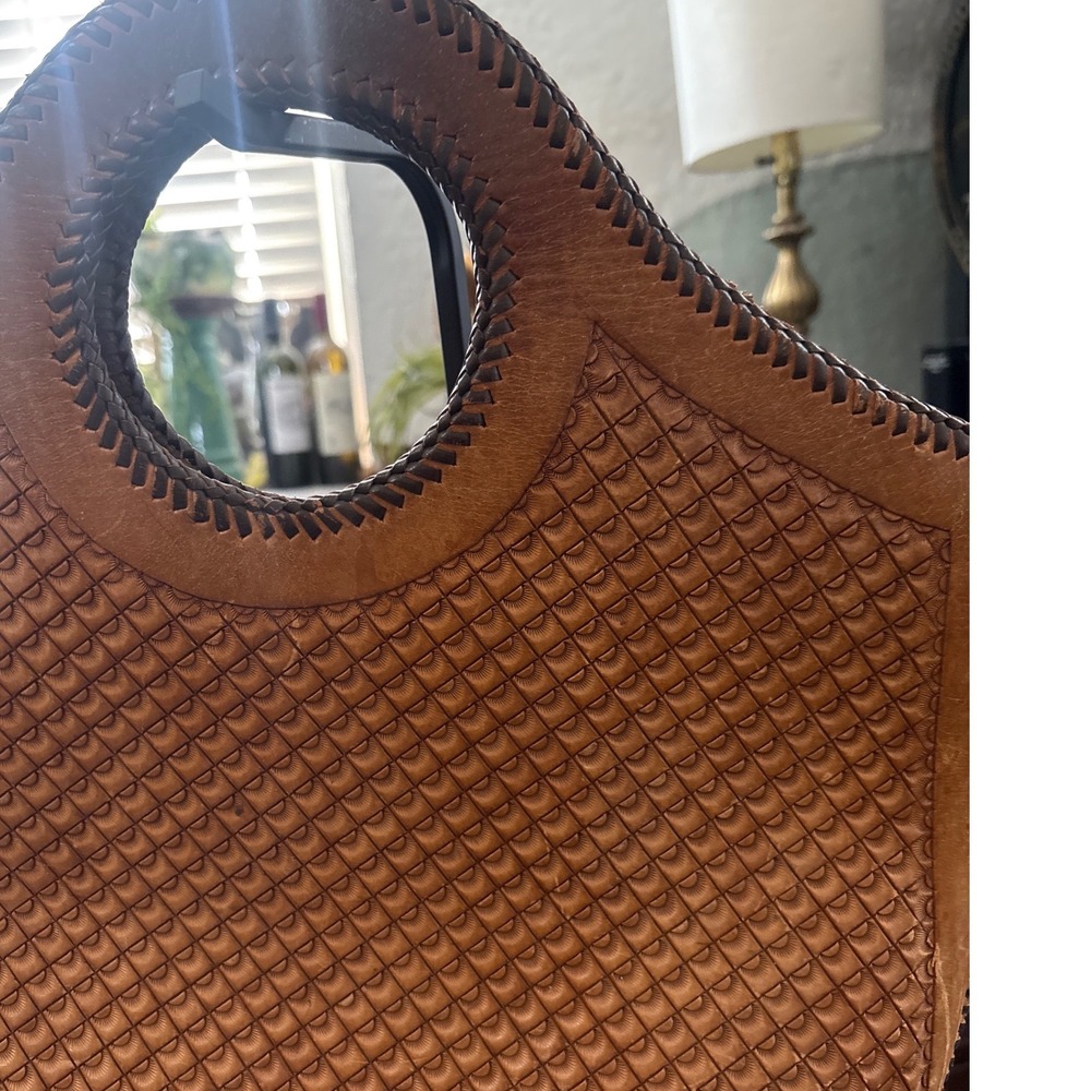 Vintage Hand Tooled Leather Handbag Artisan Boho Sculptural Tote - Picture 2 of 7